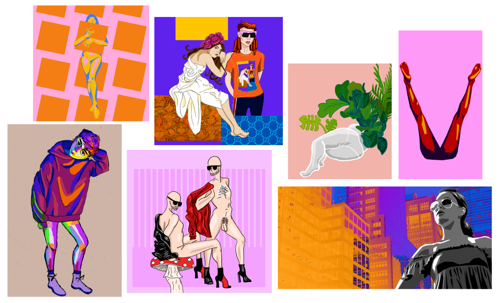 A collective of digital illustrations with a pink aesthetic.